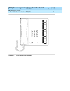 Page 615DEFINITY Enterprise Communications Server and System 75 and System 85
Terminals and Adjuncts Reference
555-015-201Issue 11
December 1999
Other Voice Terminals
19-3 Multi-Button Electronic Telephone (MET) Sets
19
Figure 19-1. The 10-Button MET (Desk) Set
1
23
456
78
9ABC DEF
MNO JKL GHI
PRS TUV WXY
*O#
1
23
456
78
9ABC DEF
MNO JKL GHI
PRS TUV WXY
*O#OPER
R 