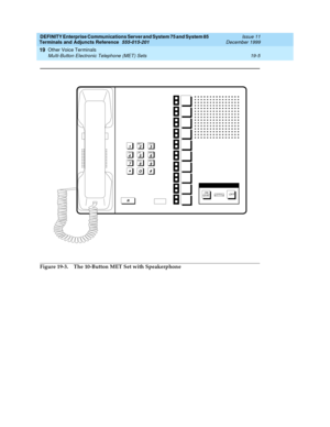 Page 617DEFINITY Enterprise Communications Server and System 75 and System 85
Terminals and Adjuncts Reference
555-015-201Issue 11
December 1999
Other Voice Terminals
19-5 Multi-Button Electronic Telephone (MET) Sets
19
Figure 19-3. The 10-Button MET Set with Speakerphone
1
23
456
78
9ABC DE F
MNO JKL GHI
PRS TUV WXY
*O#
1
23
456
78
9AB C DEF
MNO JKL GHI
PRS TUV WXY
*O#
R
OFF ON
QUIET 