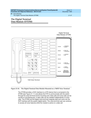 Page 703DEFINITY Enterprise Communications Server and System 75 and System 85
Terminals and Adjuncts Reference
555-015-201Issue 11
December 1999
Data Modules
21-37 The Digital Terminal Data Module (DTDM)
21
The Digital Terminal 
Data Module (DTDM)
Figure 21-10. The Digital Terminal Data Module Mounted on a 7405D Voice Terminal
The DTDM provides a DCE interface to a DTE device that is connected to the
DTDM (see Figure 21-11) and allows the DTE to communicate with the switch
through the voice terminal and its...