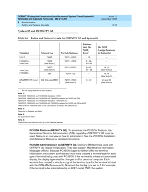 Page 86DEFINITY Enterprise Communications Server and System 75 and System 85
Terminals and Adjuncts Reference
555-015-201Issue 11
December 1999
Administration
5-12 Button and Feature Caveats
5
System 85 and DEFINITY G2
PC/ISDN Platform (DEFINITY G2).To administer the PC/ISDN Platform, the
Generalized Terminal Administration (GTA) capability of DEFINITY G2 must be
used. Below is an overview of how to administer it. See the
PC/ISDN Installation
and Reference Manual
for detailed instructions.
PC/ISDN...