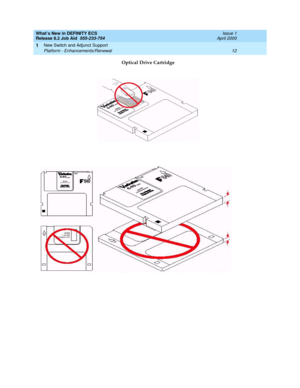 Page 18What’s New in DEFINITY ECS
Release 8.2 Job Aid  555-233-754  Issue 1
April 2000
New Switch and Adjunct Support 
12 Platform - Enhancements/Renewal 
1
Optical Drive Cartridge 