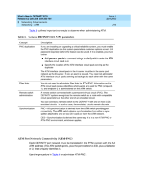 Page 222What’s New in DEFINITY ECS
Release 8.2 Job Aid  555-233-754  Issue 1
April 2000
Networking Enhancements 
216 Networking - ATM 
2
Ta b l e  3 outlines important concepts to observe when administering ATM.
ATM Port Network Connectivity (ATM-PNC) 
Each DEFINITY port network must be translated in the PPN’s screen with the full 
ATM address (The ATM switch prefix, plus the port network’s ESI, plus a Selector 
of 0) that uniquely identifies it.
Use the procedure in Ta b l e  4
 to administer ATM-PNC:
Table 3....