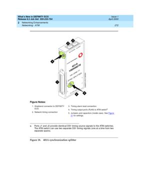 Page 278What’s New in DEFINITY ECS
Release 8.2 Job Aid  555-233-754  Issue 1
April 2000
Networking Enhancements 
272 Networking - ATM 
2
Figure 18. 401A synchronization splitter Figure Notes:
1. Amphenol connector to DEFINITY 
ECS
2. Network timing connection3. Timing alarm lead connection
4. Timing output ports (RJ45) to ATM switch
a
5. Jumpers and capacitors (inside case). See Figure 21 for settings.
a. Ports J1 and  J2 p rovid e id entical DS1 timing  source sig nals to the ATM switc hes. 
The ATM switc h can...