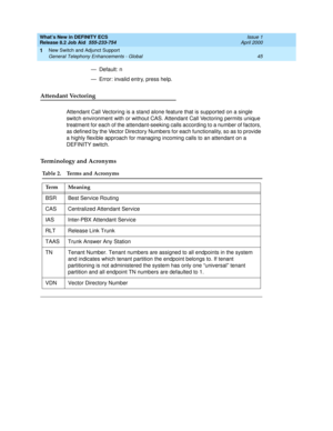 Page 51What’s New in DEFINITY ECS
Release 8.2 Job Aid  555-233-754  Issue 1
April 2000
New Switch and Adjunct Support 
45 General Telephony Enhancements - Global 
1
—Default: n
— Error: invalid entry, press help.
Attendant Vectoring
Attendant Call Vectoring is a stand alone feature that is supported on a single 
switch environment with or without CAS. Attendant Call Vectoring permits unique 
treatment for each of the attendant-seeking calls according to a number of factors, 
as defined by the Vector Directory...