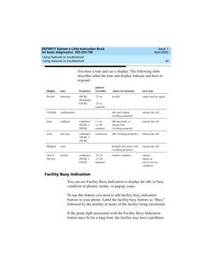 Page 62Using features to troubleshoot 
46 Using features to troubleshoot 
DEFINITY System’s Little Instruction Book
for basic diagnostics  555-233-758  Issue 1
April 2000
You hear a tone and see a display. The following table 
describes what the tone and display indicate and how to 
respond.
Facility Busy Indication 
You can use Facility Busy Indication to display the idle or busy 
condition of phones, trunks, or paging zones.
To use this feature you need to add facility busy indication 
buttons to your phone....