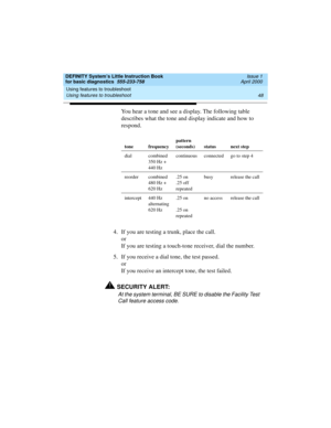 Page 64Using features to troubleshoot 
48 Using features to troubleshoot 
DEFINITY System’s Little Instruction Book
for basic diagnostics  555-233-758  Issue 1
April 2000
You hear a tone and see a display. The following table 
describes what the tone and display indicate and how to 
respond.
4. If you are testing a trunk, place the call.
or
If you are testing a touch-tone receiver, dial the number.
5. If you receive a dial tone, the test passed.
or
If you receive an intercept tone, the test failed.
!SECURITY...