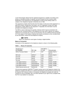 Page 3Lucent Technologies attests that this registered equipment is capable of providing users 
access to interstate providers of operator services through the use of access codes. 
Modification of this equipment by call aggregators to block access dialing codes is a 
violation of the Telephone Operator Consumers Act of 1990.
This equipment complies with Part 68 of the FCC Rules. On the rear of this equipment is a 
label that contains, among other information, the FCC registration number and ringer...