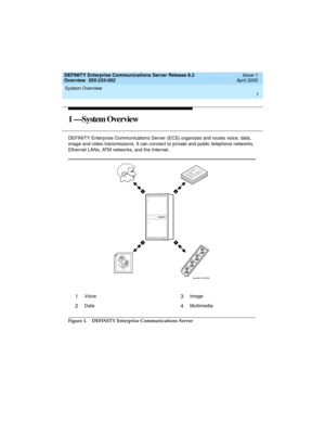 Page 21DEFINITY Enterprise Communications Server Release 8.2
Overview  555-233-002  Issue 1
April 2000
System Overview 
1  
1 —System Overview
DEFINITY Enterprise Communications Server (ECS) organizes and routes voice, data, 
image and video transmissions. It can connect to private and public telephone networks, 
Ethernet LANs, ATM networks, and the Internet. 
Figure 1. DEFINITY Enterprise Communications Server
1Voice3Image
2Data4Multimedia
233002_1.book  Page 1  Monday, February 21, 2000  8:28 AM 