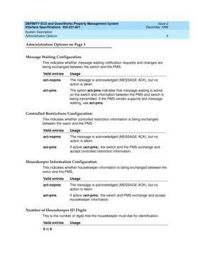 Page 17DEFINITY ECS and GuestWorks Property Management System
Interface Specifications  555-231-601  Issue 2
December 1999
System Description 
5 Administration Options 
Administration Options on Page 1
Message Waiting Configuration
This indicates whether message waiting notification requests and changes are 
being exchanged between the switch and the PMS.
Controlled Restrictions Configuration
This indicates whether controlled restriction information is being exchanged 
between the 
switch and the PMS....