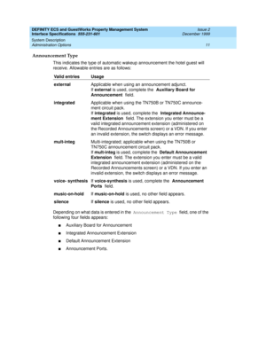 Page 23DEFINITY ECS and GuestWorks Property Management System
Interface Specifications  555-231-601  Issue 2
December 1999
System Description 
11 Administration Options 
Announcement Type
This indicates the type of automatic wakeup announcement the hotel guest will 
receive. Allowable entries are as follows:
Depending on what data is entered in the Announcement Type field, one of the 
following four fields appears:
nAuxiliary Board for Announcement
nIntegrated Announcement Extension
nDefault Announcement...