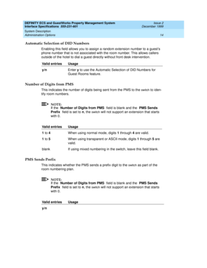 Page 26DEFINITY ECS and GuestWorks Property Management System
Interface Specifications  555-231-601  Issue 2
December 1999
System Description 
14 Administration Options 
Automatic Selection of DID Numbers
Enabling this field allows you to assign a random extension number to a guest’s 
phone number that is not associated with the room number. This allows callers 
outside of the hotel to dial a guest directly without front desk intervention.
Number of Digits from PMS
This indicates the number of digits being sent...