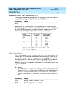 Page 27DEFINITY ECS and GuestWorks Property Management System
Interface Specifications  555-231-601  Issue 2
December 1999
System Description 
15 Administration Options 
Number of Digits in PMS Coverage Path (T) (A)
This indicates whether the coverage paths are three or four digits long.There can 
be up to 9999 coverage paths (1-999 for csi/si, 1-9999 for r).
Depending on the number of digits in the coverage path (CP1, CP2, CP3, and 
CP4), leading digits in the paths must be padded with zeros and the final...