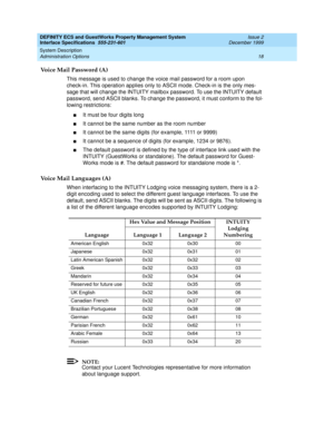 Page 30DEFINITY ECS and GuestWorks Property Management System
Interface Specifications  555-231-601  Issue 2
December 1999
System Description 
18 Administration Options 
Voice Mail Password (A)
This message is used to change the voice mail password for a room upon 
check-in. This operation applies only to ASCII mode. Check-in is the only mes-
sage that will change the INTUITY mailbox password. To use the INTUITY default 
password, send ASCII blanks. To change the password, it must conform to the fol-
lowing...