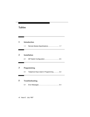 Page 9Tables
vi   Issue 2   July 1997
1Introduction
1-1 Remote Module Specifications .......................... 1-7
2Installation
2-1 DIP Switch Configuration................................... 2-5
3Programming
3-1 Telephone Keys Used in Programming............. 3-2
5Troubleshooting
5-1 Error Messages ................................................. 5-4 