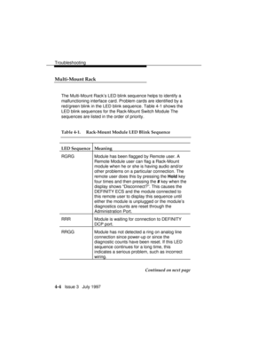 Page 95Troubleshooting
4-4   Issue 3   July 1997
Multi-Mount Rack
The Multi-Mount Rack’s LED blink sequence helps to identify a
malfunctioning interface card. Problem cards are identified by a
red/green blink in the LED blink sequence. Table 4-1 shows the
LED blink sequences for the Rack-Mount Switch Module The
sequences are listed in the order of priority.
Table 4-1. Rack-Mount Module LED Blink Sequence
LED Sequence Meaning
RGRG Module has been flagged by Remote user. A
Remote Module user can flag a...