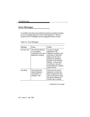 Page 97Troubleshooting
4-6   Issue 3   July 1997
Error Messages
If a problem has been encountered during the connection process,
an error message appears on the remote telephone. Table 4-2
shows the error messages and the suggested actions to take.
Table 4-2.  Error Messages
Message Cause Action
No Dial Tone The Remote Module
is not properly
connected to the local
telephone company.Connect a regular
telephone to the
telephone company jack,
and listen for dial tone.
Make sure the line is
properly connected to...