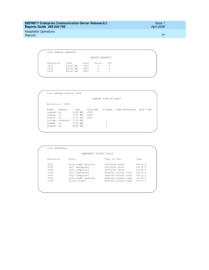 Page 81DEFINITY Enterprise Communication Server Release 8.2
Reports Guide  555-233-755  Issue 1
April 2000
Hospitality Operations 
77 Reports 
list wakeup requests
WAKEUP REQUESTS
Extension Time Annc Daily VIP
3311 04:45 AM 4000 n y
2247 05:30 AM 4001 n y
1435 08:00 AM 4001 n y
list wakeup station 4565
WAKEUP STATION AUDIT
Extension = 4565
Event Reason Time Orig Ext Attempt Swap Extension Skip Time
request ok 6:45 AM 4565
change ok 7:00 AM 4565
cancel ok 7:15 AM 4565
incompl noanswer 7:15 AM 1
answer ok 7:20 AM...