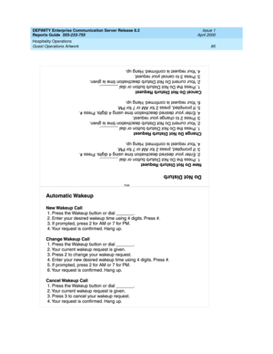 Page 89DEFINITY Enterprise Communication Server Release 8.2
Reports Guide  555-233-755  Issue 1
April 2000
Hospitality Operations 
85 Guest Operations Artwork  