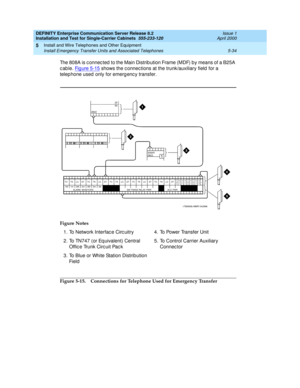 Page 152DEFINITY Enterprise Communication Server Release 8.2
Installation and Test for Single-Carrier Cabinets  555-233-120  Issue 1
April 2000
Install and Wire Telephones and Other Equipment 
5-34 Install Emergency Transfer Units and Associated Telephones 
5
The 808A is c onnec ted  to the Main Distrib ution Frame (MDF) by means of a B25A 
cable. Fig ure 5-15
 shows the c onnec tions at the trunk/auxiliary field  for a 
telep hone used only for emerg enc y transfer.
Figure 5-15. Connections for Telephone Used...