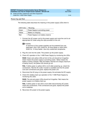 Page 162DEFINITY Enterprise Communication Server Release 8.2
Installation and Test for Single-Carrier Cabinets  555-233-120  Issue 1
April 2000
Install and Wire Telephones and Other Equipment 
5-44 Install the 1145B Power Supply 
5
Power Up and Test
The following table describes the meaning of the power supply LEDs when lit.
1. Connec t the AC power c ord  to the power sup p ly and  route the c ord  to an 
ap p rop riate AC outlet using  the c lip s p rovid ed  on the unit.
NOTE:
A maximum of four p ower sup...