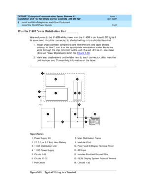 Page 163DEFINITY Enterprise Communication Server Release 8.2
Installation and Test for Single-Carrier Cabinets  555-233-120  Issue 1
April 2000
Install and Wire Telephones and Other Equipment 
5-45 Install the 1145B Power Supply 
5
Wire the 1146B Power Distribution Unit
Wire end points to the 1146B while p ower from the 1145B is on. A red  LED lig hts if 
its assoc iated  c irc uit is c onnec ted  to shorted  wiring  or to a shorted  terminal.
1. Install c ross-c onnec t jump ers to wire from the unit (the lab...