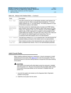 Page 193DEFINITY Enterprise Communication Server Release 8.2
Installation and Test for Single-Carrier Cabinets  555-233-120  Issue 1
April 2000
Install and Wire Telephones and Other Equipment 
5-75 Add Circuit Packs 
5
Add Circuit Packs
When installing additional features or equipment, it may be necessary to install 
ad d itional port c irc uit p ac ks. See Tab le 5-24
 for a list of c irc uit p ac ks. This is a 
g eneral p roc ed ure to use when ad d ing features or eq uipment that req uire ad d ing  
circuit...