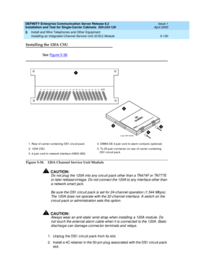 Page 248DEFINITY Enterprise Communication Server Release 8.2
Installation and Test for Single-Carrier Cabinets  555-233-120  Issue 1
April 2000
Install and Wire Telephones and Other Equipment 
5-130 Installing an Integrated Channel Service Unit (ICSU) Module 
5
Installing the 120A CSU
See Fig ure 5-38. 
Figure 5-38. 120A Channel Service Unit Module
!CAUTION:
Do not p lug  the 120A into any c irc uit p ac k other than a TN474F or TN777E 
or later release/vintag e. Do not c onnec t the 120A to any interfac e other...