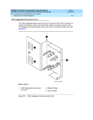 Page 290DEFINITY Enterprise Communication Server Release 8.2
Installation and Test for Single-Carrier Cabinets  555-233-120  Issue 1
April 2000
Connecting and Handling Fiber Optic Cables 
B-4 Optical Cross-Connect Hardware 
B
100A Lightguide Interconnect Unit
The 100A Lig htg uid e Interc onnec t Unit (LIU) (c omc od e 104141841) c onsists of a 
c ab inet with retainer ring s to hold  slac k fib er c ab les, mounting  c utouts for two 
10A lightg uid e c onnec tor p anels, and a d oor with c irc uit lab els on...