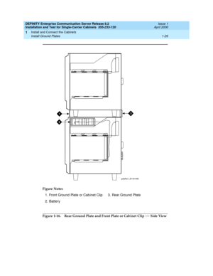 Page 47DEFINITY Enterprise Communication Server Release 8.2
Installation and Test for Single-Carrier Cabinets  555-233-120  Issue 1
April 2000
Install and Connect the Cabinets 
1-29 Install Ground Plates 
1
Figure 1-16. Rear Ground Plate and Front Plate or Cabinet Clip — Side View Figure Notes
1. Front Ground Plate or Cabinet Clip
2. Battery3. Rear Ground  Plate
3
2
1
grdpltec LJK 031096 