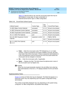 Page 100DEFINITY Enterprise Communication Server Release 8.2
Installation and Test for Single-Carrier Cabinets  555-233-120  Issue 1
April 2000
Accessing and Activating the System 
3-28 Administer the Circuit Packs 
3
Tab le 3-10 lists the slots to use, and the c irc uit p ac k typ es that may b e 
ad ministered  in those slots, for eac h c omb ination of 
Cab inet/Carrier/Carrier Typ e in a R8si c onfig uration.
nCode
 — Enter the c irc uit p ac k c od e (TN followed  b y a 3- or 4-d ig it 
numb er). If there...