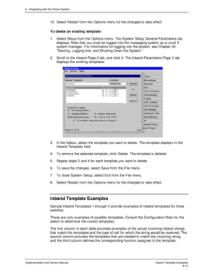 Page 1308.  Integrating with the Phone System
Implementation and Service ManualInband Template Examples8-10
10.  Select Restart from the Options menu for the changes to take effect.
To delete an existing template:
1.  Select Setup from the Options menu. The System Setup General Parameters tab
displays. Note that you must be logged into the messaging system as a Lev el 3
system manager. For information on logging into the system, see Chapter 20,
Starting, Logging Into, and Shutting Down the System.
2.  Scroll to...