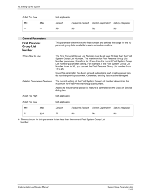 Page 18013. Setting Up the System
Implementation and Service Manual  System Setup Parameters List13-12
 
 If Set Too Low Not applicable.
 
 Min
 —
 Max
 —
 Default
 No
 Requires Restart
 No
 Switch-Dependent
 No
 Set by Integrator
 No
 
  General Parameters
 
First Personal
Group List
Number  This parameter determines the first number and defines the range for the 10
personal group lists available to each subscriber mailbox.
 
 When/How to Use The First Personal Group List Number must be at least 10 less than...