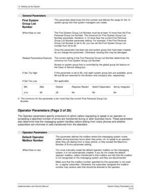 Page 18113. Setting Up the System
Implementation and Service Manual  System Setup Parameters List13-13
  General Parameters
 
First System
Group List
Number  This parameter determines the first number and defines the range for the 10
system group lists that system managers can create.
 
 When/How to Use The First System Group List Number must be at least 10 more than the First
Personal Group List Number. The minimum for First System Group List
Number parameter, therefore, is 10 more than the current First...