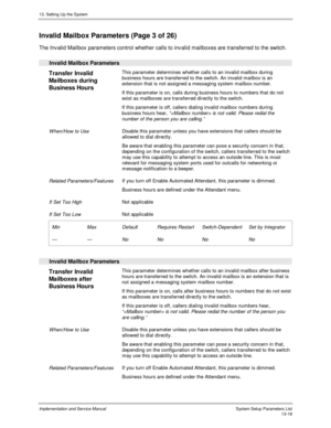 Page 18613. Setting Up the System
Implementation and Service Manual  System Setup Parameters List13-18
 Invalid Mailbox Parameters (Page 3 of 26)
  The Inv alid Mailbox parameters control whether calls to inv alid mailboxes are transferred to the switch.
 
  Invalid Mailbox Parameters
 
Transfer Invalid
Mailboxes during
Business Hours  This parameter determines whether calls to an invalid mailbox during
business hours are transferred to the switch. An invalid mailbox is an
extension that is not assigned a...