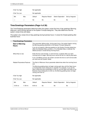 Page 18713. Setting Up the System
Implementation and Service Manual  System Setup Parameters List13-19
 
 If Set Too High Not applicable
 
 If Set Too Low Not applicable
 
 Min
 —
 Max
 —
 Default
 No
 Requires Restart
 No
 Switch-Dependent
 No
 Set by Integrator
 No
 Time/Greetings Parameters (Page 4 of 26)
  The Time/Greetings parameters determine when the system v oices the time of day greetings (Morning,
Afternoon, and Ev ening) defined on the System Prompts dialog box. They also determine how the
system v...