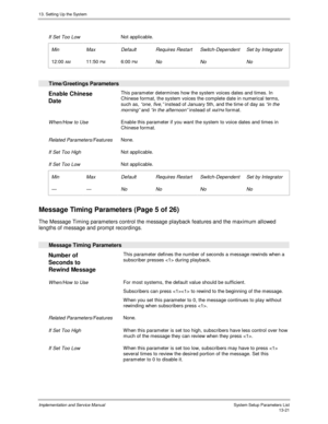 Page 18913. Setting Up the System
Implementation and Service Manual  System Setup Parameters List13-21
 
 If Set Too Low Not applicable.
 
 Min
 12:00 AM
 Max
 11:50 PM
 Default
 6:00 PM
 Requires Restart
 No
 Switch-Dependent
 No
 Set by Integrator
 No
 
  Time/Greetings Parameters
 
Enable Chinese
Date  This parameter determines how the system voices dates and times. In
Chinese format, the system voices the complete date in numerical terms,
such as, 
“one, five,” instead of January 5th, and the time of day as...