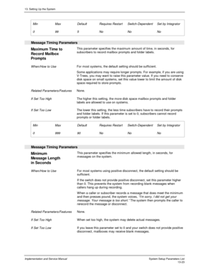 Page 19113. Setting Up the System
Implementation and Service Manual  System Setup Parameters List13-23
  Min
 0
 Max
 99
 Default
 5
 Requires Restart
 No
 Switch-Dependent
 No
 Set by Integrator
 No
  Message Timing Parameters
 
Maximum Time to
Record Mailbox
Prompts This parameter specifies the maximum amount of time, in seconds, for
subscribers to record mailbox prompts and folder labels.
 When/How to Use For most systems, the default setting should be sufficient.
 Some applications may require longer...