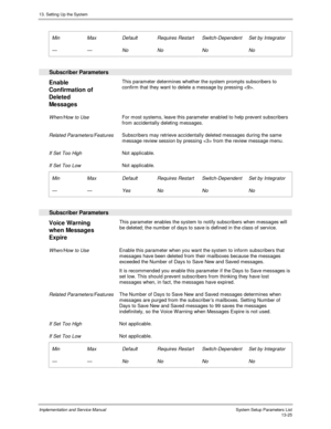 Page 19313. Setting Up the System
Implementation and Service Manual  System Setup Parameters List13-25
 
 Min
 —
 Max
 —
 Default
 No
 Requires Restart
 No
 Switch-Dependent
 No
 Set by Integrator
 No
 
  Subscriber Parameters
 
Enable
Confirmation of
Deleted
Messages  This parameter determines whether the system prompts subscribers to
confirm that they want to delete a message by pressing .
 
 When/How to Use For most systems, leave this parameter enabled to help prevent subscribers
from accidentally deleting...