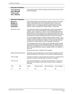 Page 19413. Setting Up the System
Implementation and Service Manual  System Setup Parameters List13-26
  Subscriber Parameters
 
Voice Warning
when Message
Time is Less
than 2 Minutes  This parameter does not affect messaging system performance and should
be left at the default.
 
  Subscriber Parameters
 
Maximum
Number of
Forwarded
Extensions  This parameter determines the maximum number of extensions the system
allows in a forwarding chain when the desired extension is busy or not
answered. W hen this maximum...