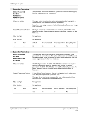 Page 19713. Setting Up the System
Implementation and Service Manual  System Setup Parameters List13-29
  Subscriber Parameters
 
Initial Password
for New
Mailboxes –
None Required  This parameter determines whether the system requires subscribers logging
into new mailboxes to enter a password.
 
 When/How to Use W hen you select this option, the system allows a subscriber logging into a
new mailbox to gain immediate access to the mailbox.
 Subscribers may assign a password to their individual mailboxes even...