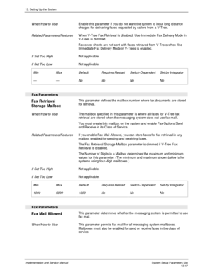 Page 21513. Setting Up the System
Implementation and Service Manual  System Setup Parameters List13-47
 
 When/How to Use Enable this parameter if you do not want the system to incur long distance
charges for delivering faxes requested by callers from a V-Tree.
 
 Related Parameters/Features W hen V-Tree Fax Retrieval is disabled, Use Im m ediate Fax Delivery Mode in
V-Trees is dimmed.
 Fax cover sheets are not sent with faxes retrieved from V-Trees when Use
Immediate Fax Delivery Mode in V-Trees is enabled....