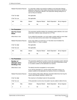 Page 21613. Setting Up the System
Implementation and Service Manual  System Setup Parameters List13-48
 
 Related Parameters/Features If a subscriber mailbox has AutoPrint enabled on the Subscriber Settings
dialog box, faxes sent to that mailbox are printed at the local fax machine or
Personal Fax Destination defined in the Subscriber Settings dialog box as
soon as they are received.
 
 If Set Too High Not applicable.
 
 If Set Too Low Not applicable.
 
 Min
 —
 Max
 —
 Default
 No
 Requires Restart
 No...