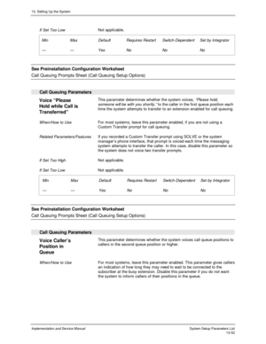 Page 22013. Setting Up the System
Implementation and Service Manual  System Setup Parameters List13-52
 
 If Set Too Low Not applicable.
 
 Min
 —
 Max
 —
 Default
 Yes
 Requires Restart
 No
 Switch-Dependent
 No
 Set by Integrator
 No
 
  See Preinstallation Configuration Worksheet
 
Call Queuing Prompts Sheet (Call Queuing Setup Options)
 
 
Call Queuing Parameters
 
Voice “Please
Hold while Call is
Transferred” 
 This parameter determines whether the system voices, “Please hold,
someone will be w ith you...