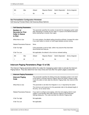 Page 22313. Setting Up the System
Implementation and Service Manual  System Setup Parameters List13-55
 
 Min
 —
 Max
 —
 Default
 No
 Requires Restart
 No
 Switch-Dependent
 No
 Set by Integrator
 No
 
  See Preinstallation Configuration Worksheet
 
Call Queuing Prompts Sheet (Call Queuing Setup Options)
 
 
Call Queuing Parameters
 
Number of
Seconds for First
Caller in Queue
to Wait  This parameter specifies the number of seconds the messaging system waits
after attempting to transfer the first caller in a...