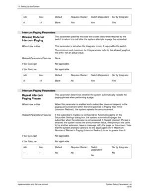 Page 22413. Setting Up the System
Implementation and Service Manual  System Setup Parameters List13-56
 
 Min
 0
 Max
 15
 Default
 Blank
 Requires Restart
 Yes
 Switch-Dependent
 Yes
 Set by Integrator
 Yes
 
  Intercom Paging Parameters
 
Release Code for
Intercom Paging  This parameter specifies the code the system dials when required by the
switch to return to a call after the system attempts to page the subscriber.
 
 When/How to Use This parameter is set when the Integrator is run, if required by the...