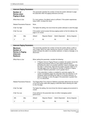 Page 22513. Setting Up the System
Implementation and Service Manual  System Setup Parameters List13-57
  Intercom Paging Parameters
 
Number of
Retries when
Paging is Busy  This parameter specifies the number of times the system attempts to page
the subscriber when the paging extensions are busy.
 
 When/How to Use For most systems, the default value is sufficient. If the system experiences
heavy traffic, increase this value.
 
 Related Parameters/Features None.
 
 If Set Too High The higher the setting, the...