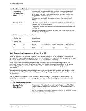 Page 23313. Setting Up the System
Implementation and Service Manual  System Setup Parameters List13-65
  Call Transfer Parameters
 
Third-Party
Transfer (End)
Code  This parameter defines the code required for the Visual Mailbox voice fax
server to be released from a conference between the switch, the voice fax
server, and a subscriber’s extension after a blind transfer is initiated when
using the dialer or immediate call.
 This parameter applies only to messaging systems that support Visual
Mailbox.
 
 When/How...