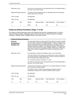 Page 23713. Setting Up the System
Implementation and Service Manual  System Setup Parameters List13-69
 
 When/How to Use The minimum and maximum for this parameter refer to the allowed length of
the entry, not an actual number.
 
 Related Parameters/Features The system dials the Release Code for Call W aiting after the Call W aiting
Code to take control of the call.
 
 If Set Too High Not applicable.
 
 If Set Too Low Not applicable.
 
 Min
 —
 Max
 —
 Default
 Blank
 Requires Restart
 No
 Switch-Dependent...