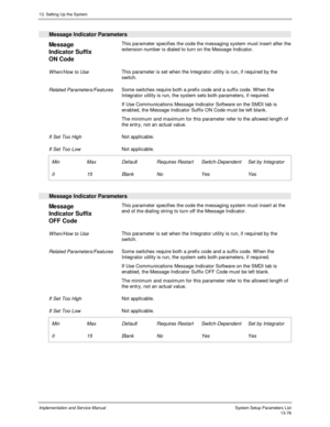 Page 24413. Setting Up the System
Implementation and Service Manual  System Setup Parameters List13-76
  Message Indicator Parameters
 
Message
Indicator Suffix
ON Code  This parameter specifies the code the messaging system must insert after the
extension number is dialed to turn on the Message Indicator.
 
 When/How to Use This parameter is set when the Integrator utility is run, if required by the
switch.
 
 Related Parameters/Features Some switches require both a prefix code and a suffix code. W hen the...