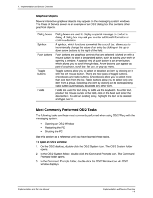 Page 261.  Implementation and Servic e O verview
Implementation and Service Manual  Implementation and Service Overview1-6
Graphical Objects
Several interactive graphical objects may appear on the messaging system windows.
The Class of Service screen is an example of an OS/2 dialog box that contains other
graphical objects.
Dialog boxes Dialog boxes are used to display a special message or conduct a
dialog. A dialog box may ask you to enter additional information or
confirm a decision.
Spinbox A spinbox, which...